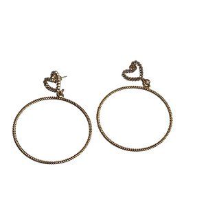 Gold Tone Earrings Hoop Heart Rhinestones Valentines 2.5" Long Lightweight